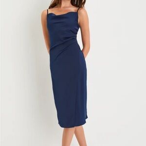 Hollywood Woman Navy Blue Satin Midi Dress